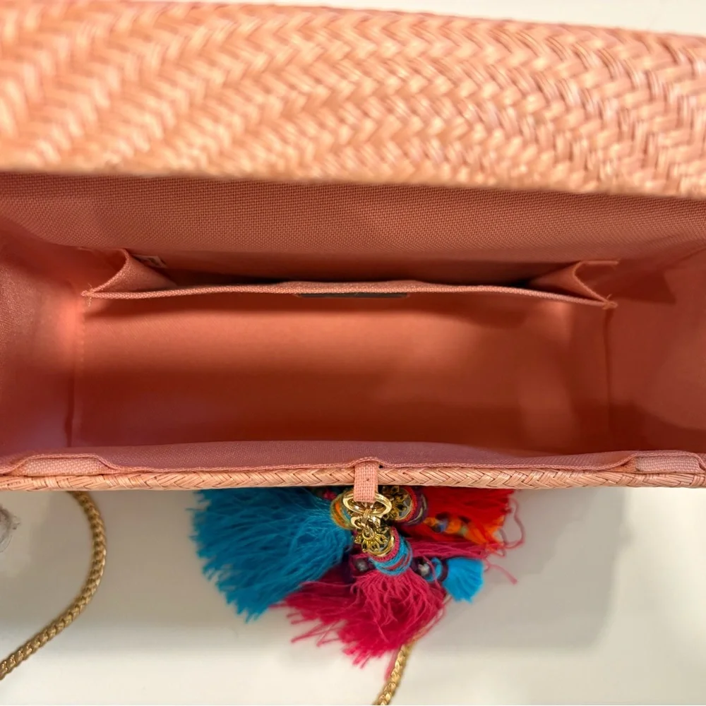 Elegant Coral Woven Clutch with Colorful Tassels - Picture 5 of 6